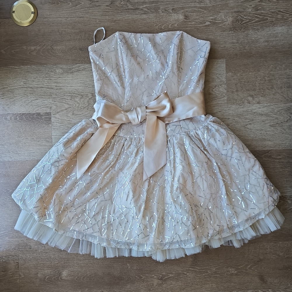 Vintage Jessica McClintock Champagne Sequin Belted Strapless Tulle Dress 9 Y2K - Picture 6 of 13